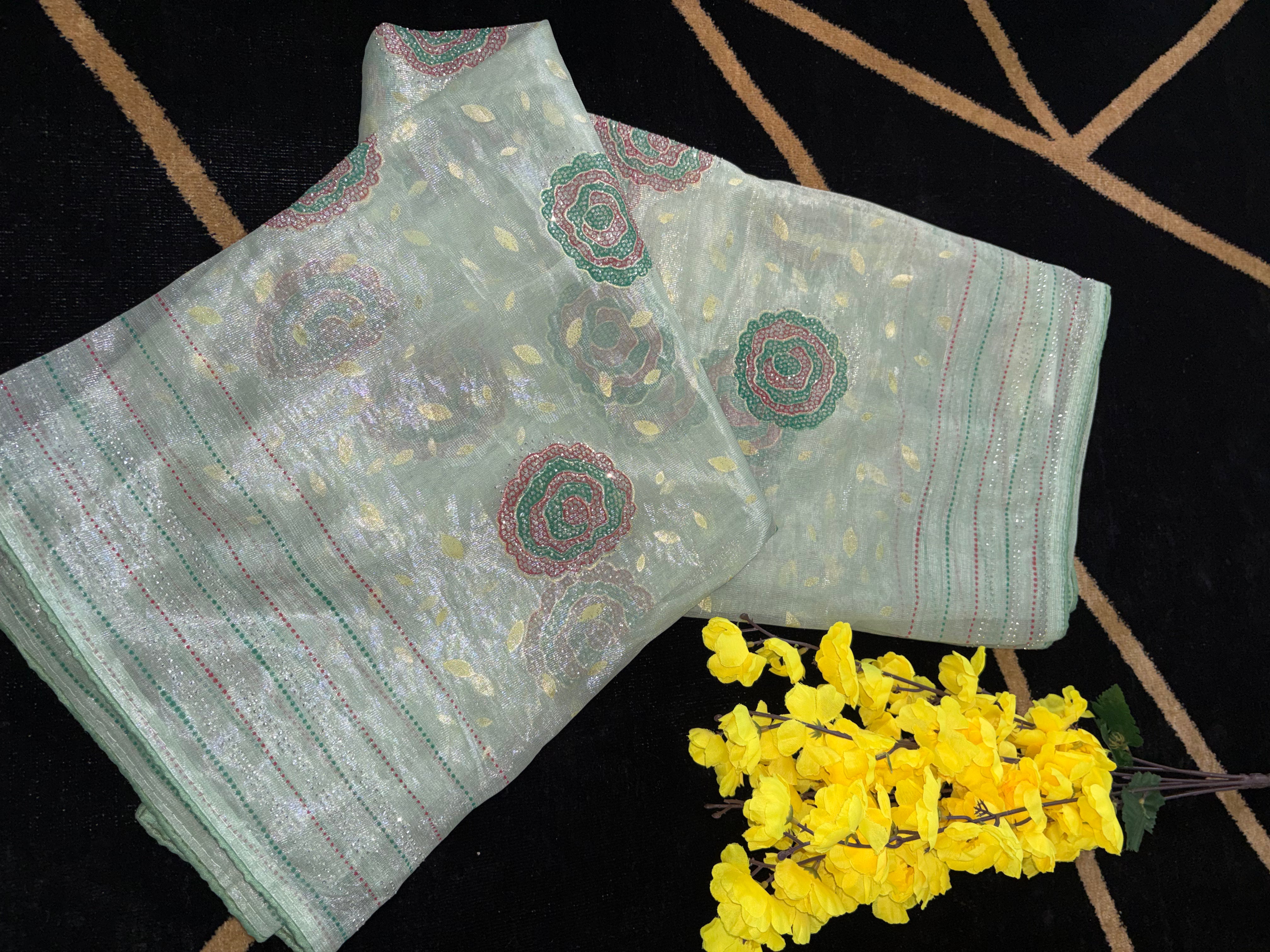 Mint Metallic Saree with Hand-Embroidered Circular Motifs