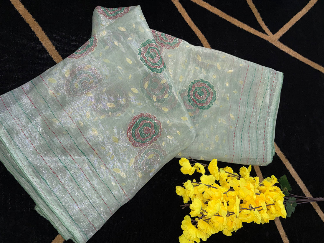 Mint Metallic Saree with Hand-Embroidered Circular Motifs
