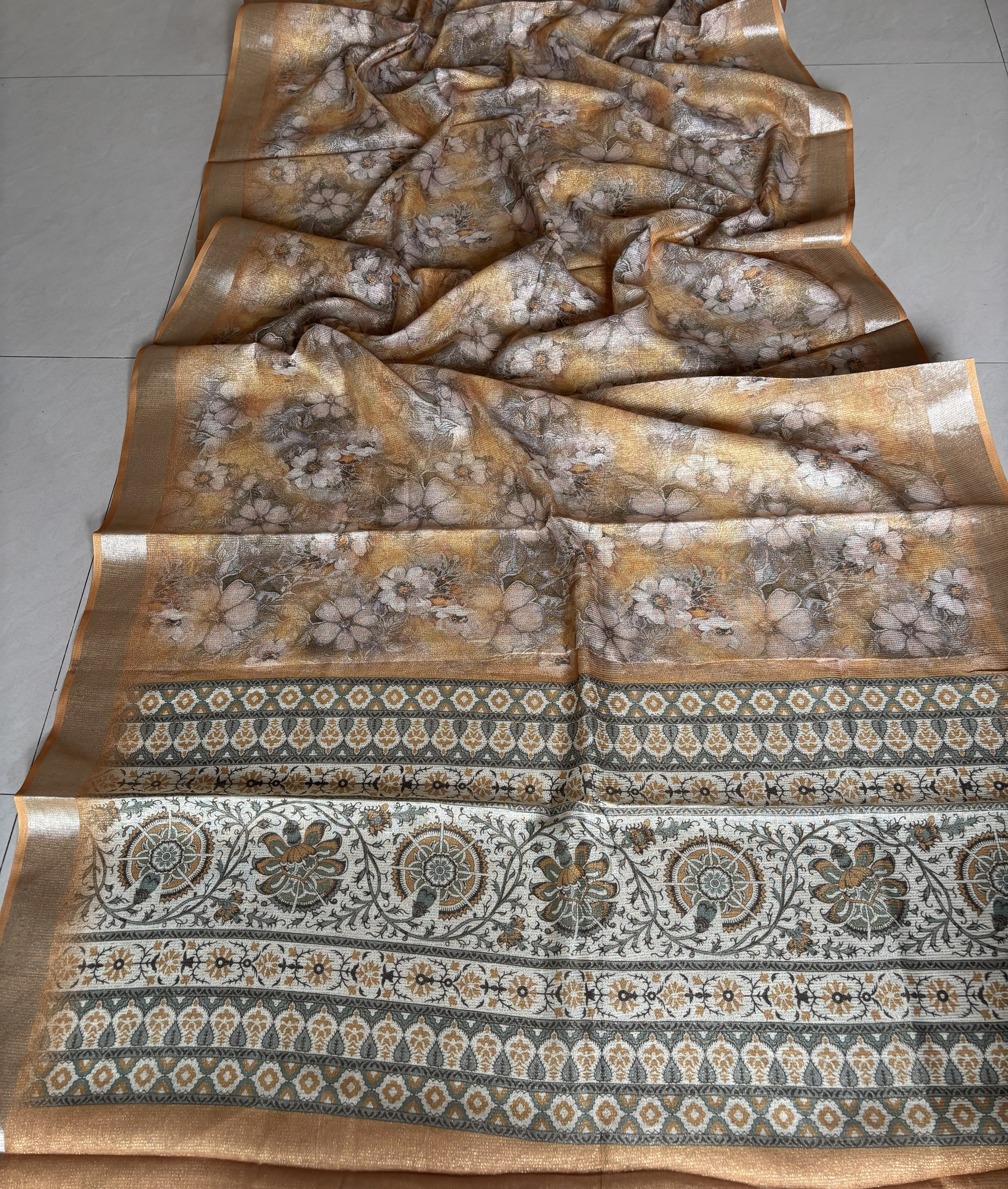 Yellow Floral Organza Net Saree