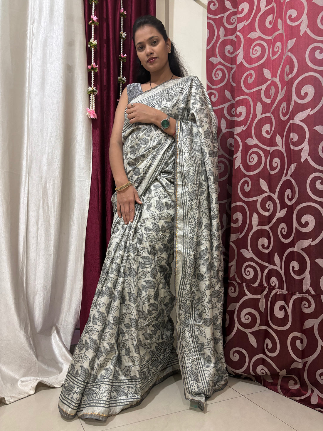 Grey Leaf Printed Semicotton Corporate Saree