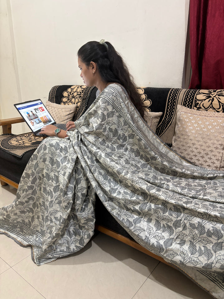 Grey Leaf Printed Semicotton Corporate Saree