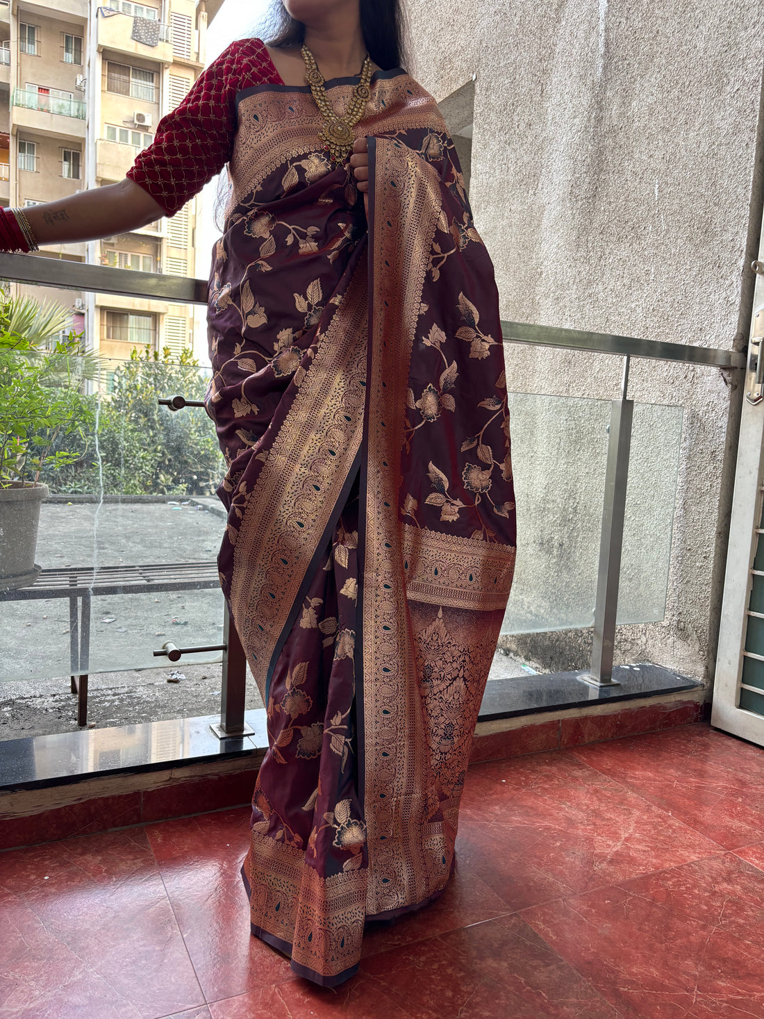 Majestic Maroon Banarasi Silk Saree with Golden Floral Weave
