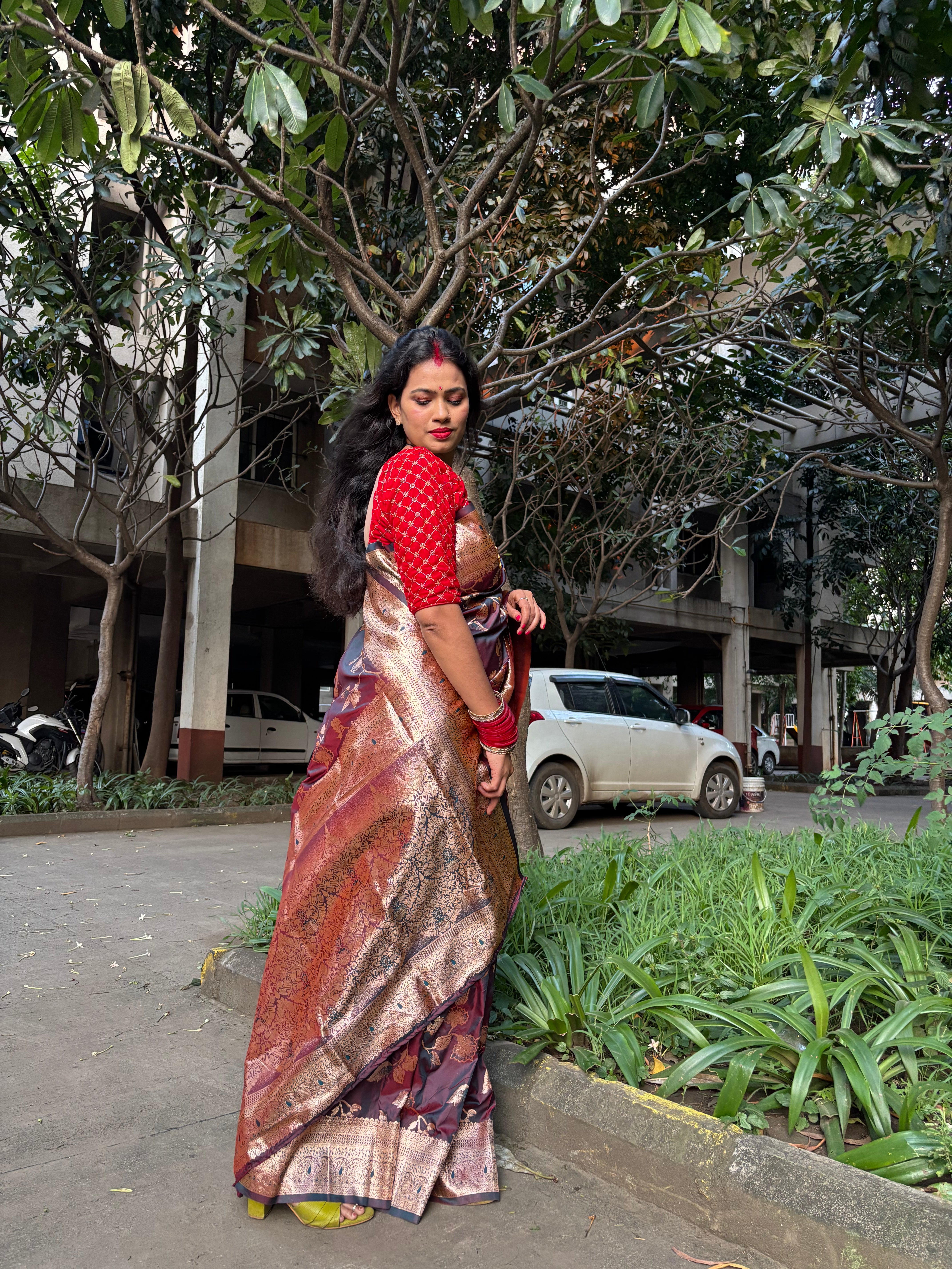 Majestic Maroon Banarasi Silk Saree with Golden Floral Weave