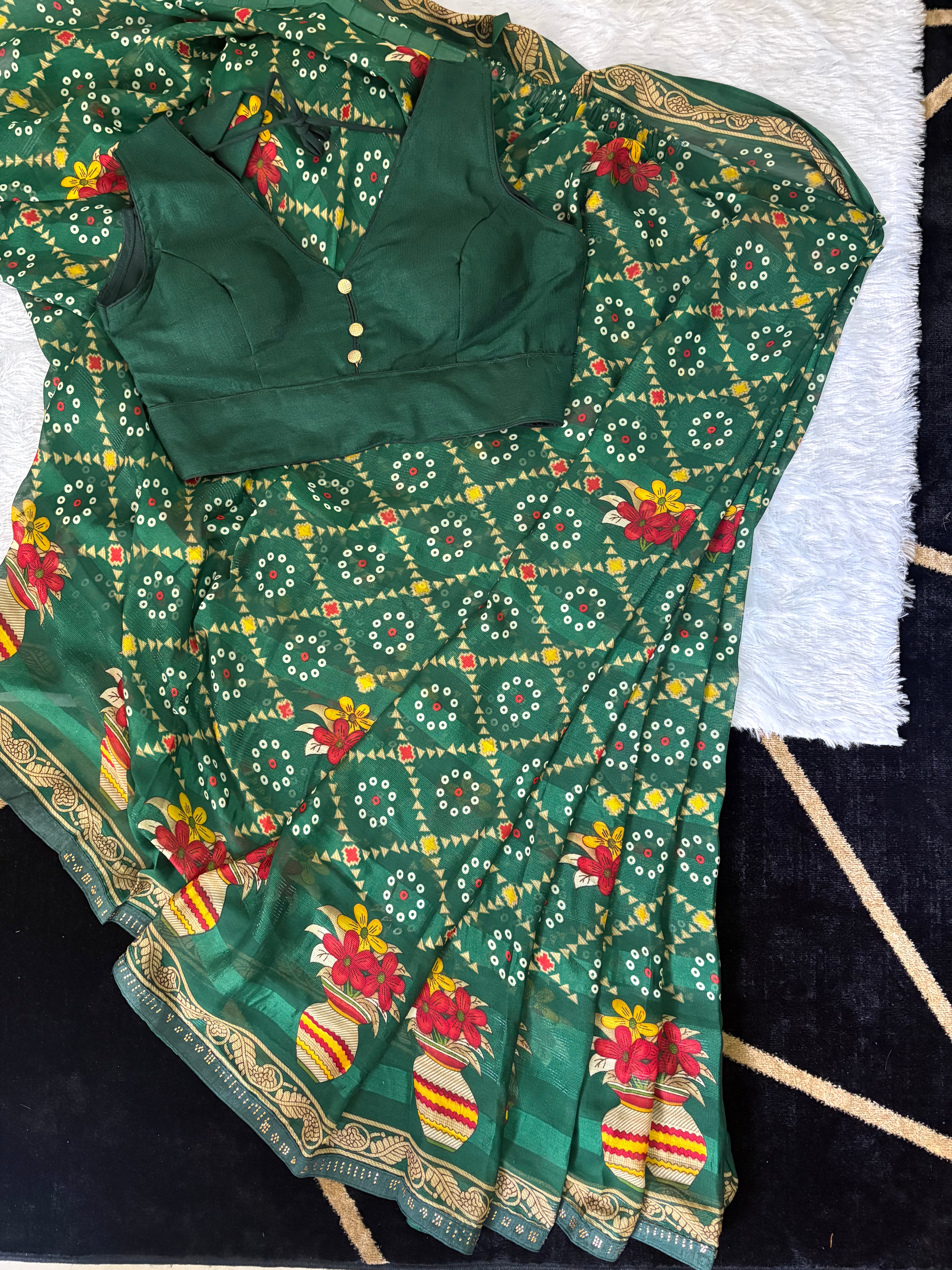 Bandhani-Chiffon Silk (Bottle Green)