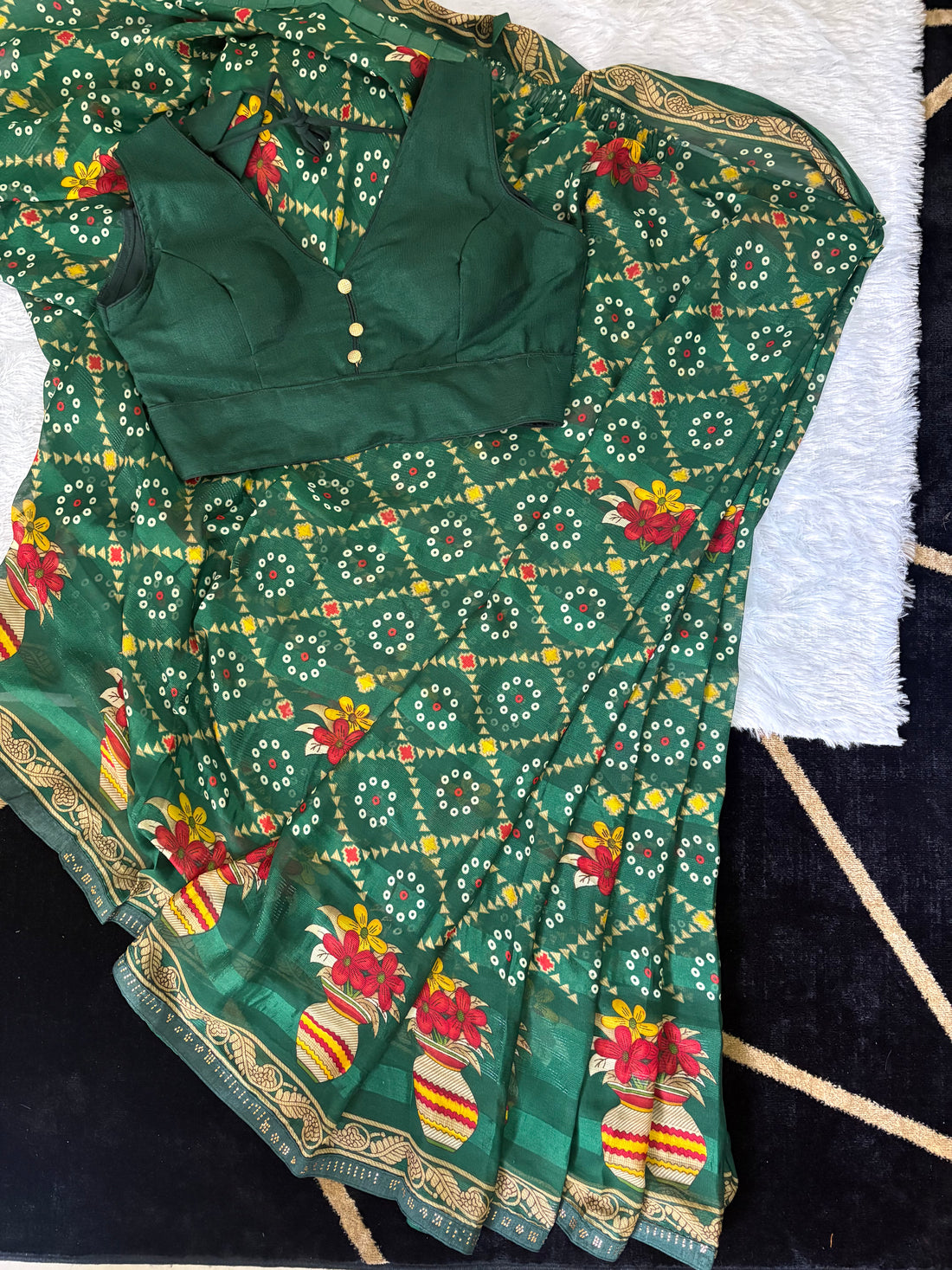 Bandhani-Chiffon Silk (Bottle Green)