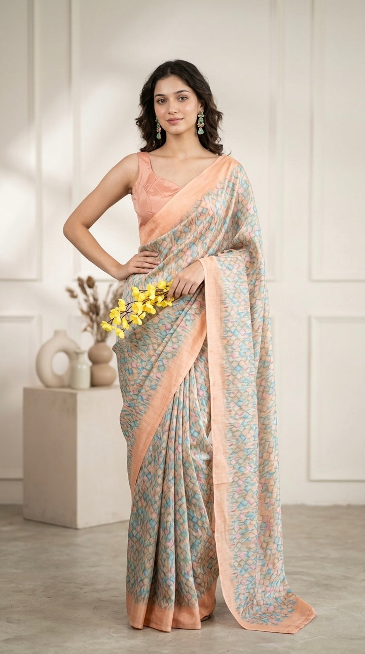 Pastel Geometric Print Saree with Solid Peach Border