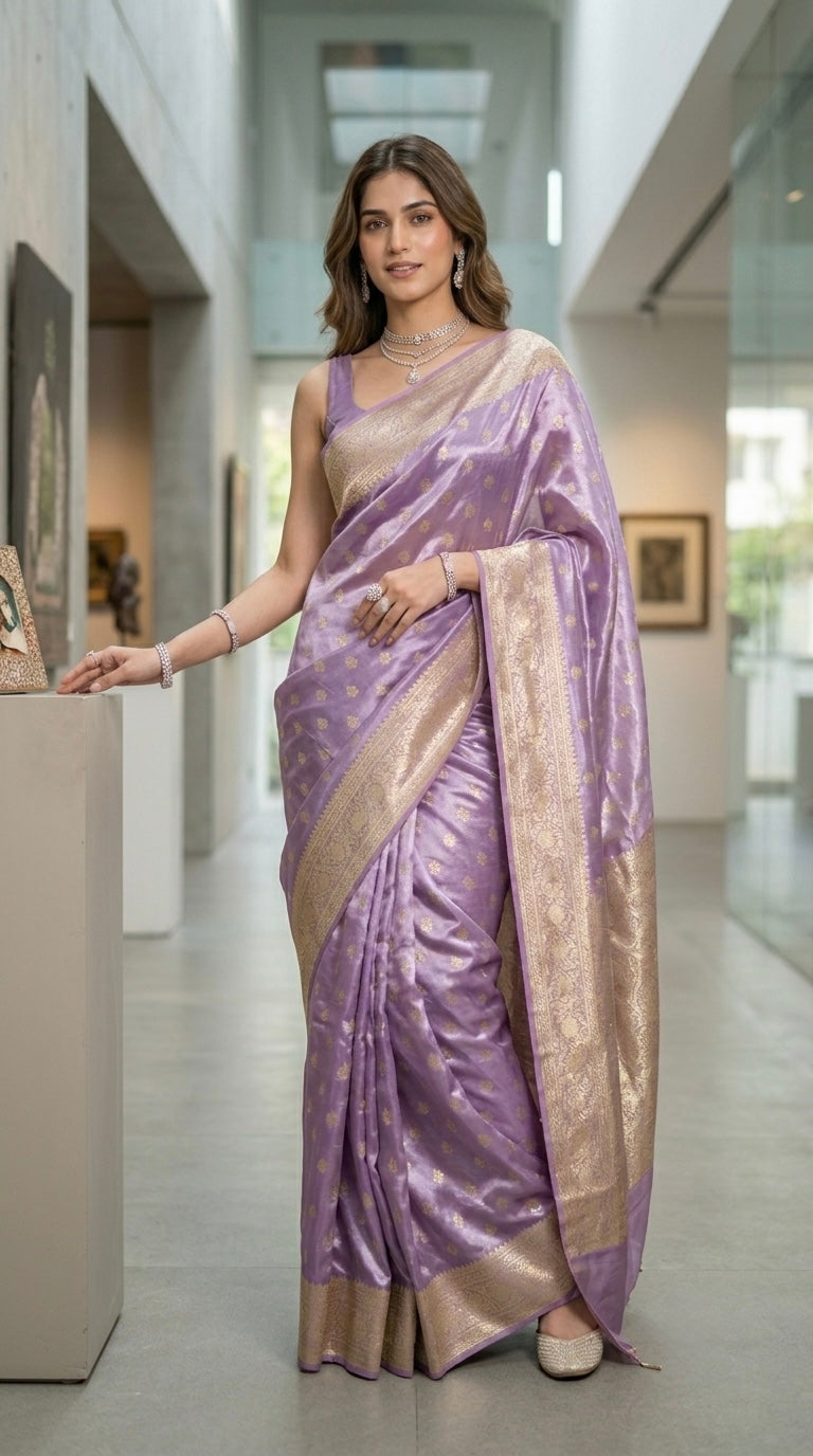 Adaa- Lavander Banarasi tissue silk saree