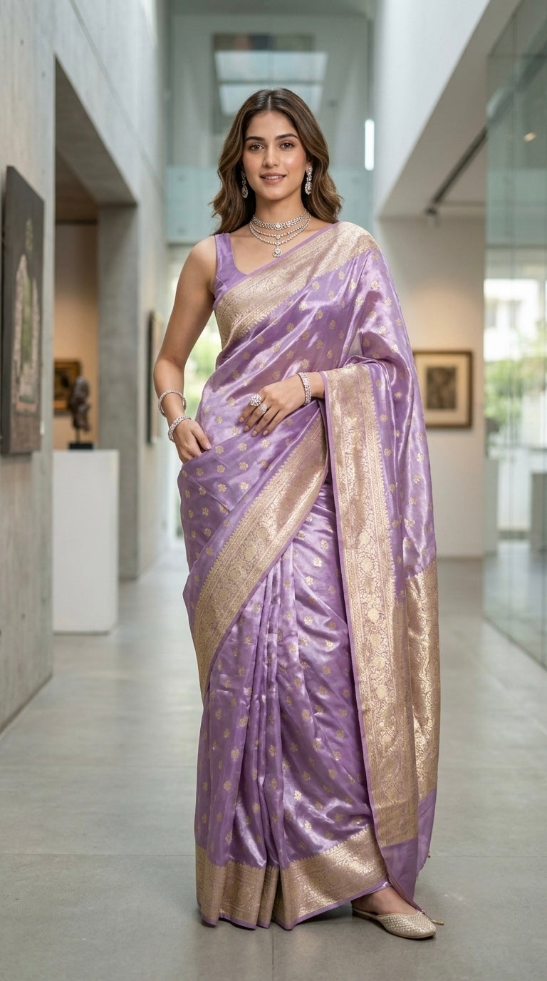 Adaa- Lavander Banarasi tissue silk saree