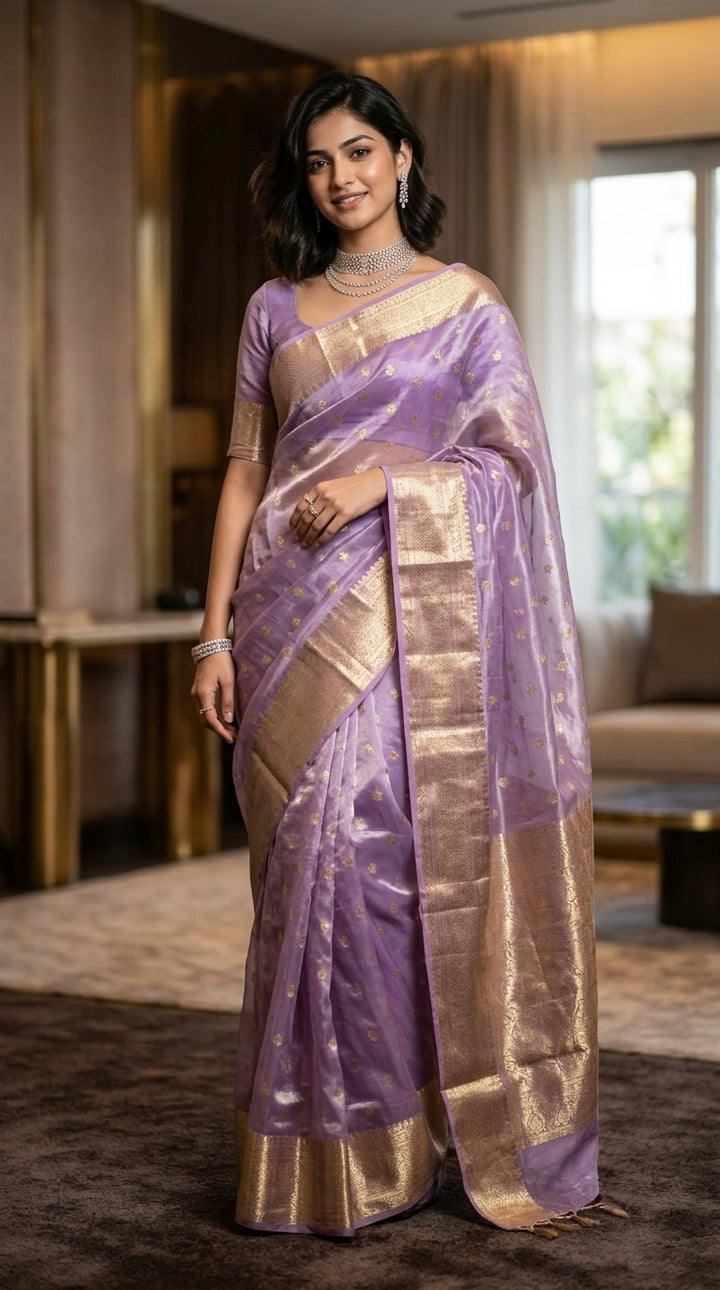 Adaa- Lavander Banarasi tissue silk saree