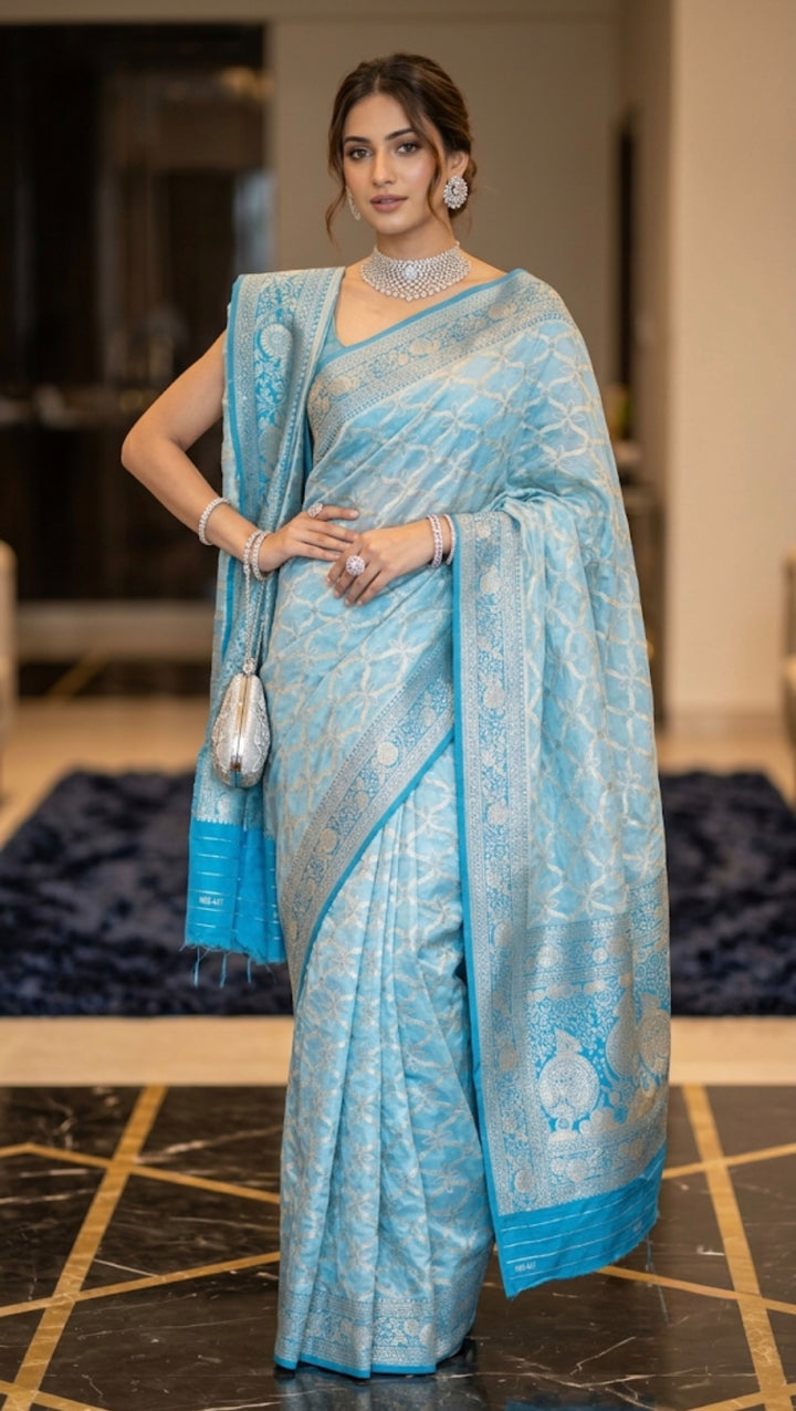 Adaa- Sky Blue Banarasi tissue Saree