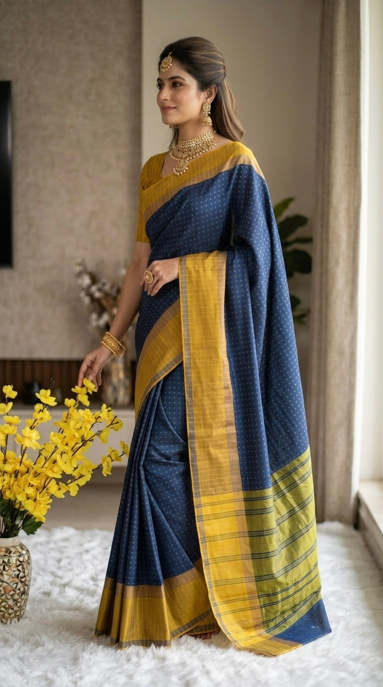 KanMani-South Silk (Navy Blue & Yellow)