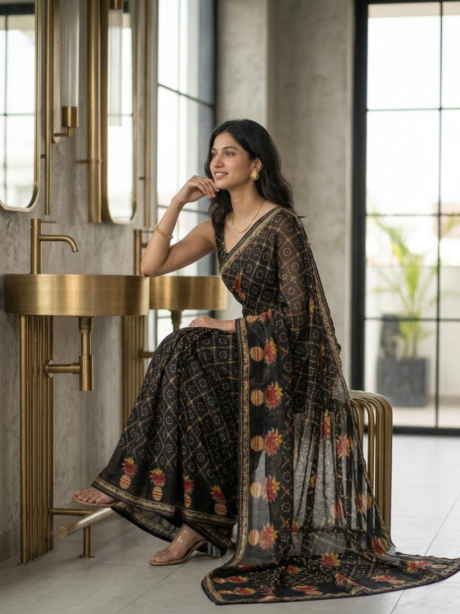 Bandhani-Chiffon Silk (Black)