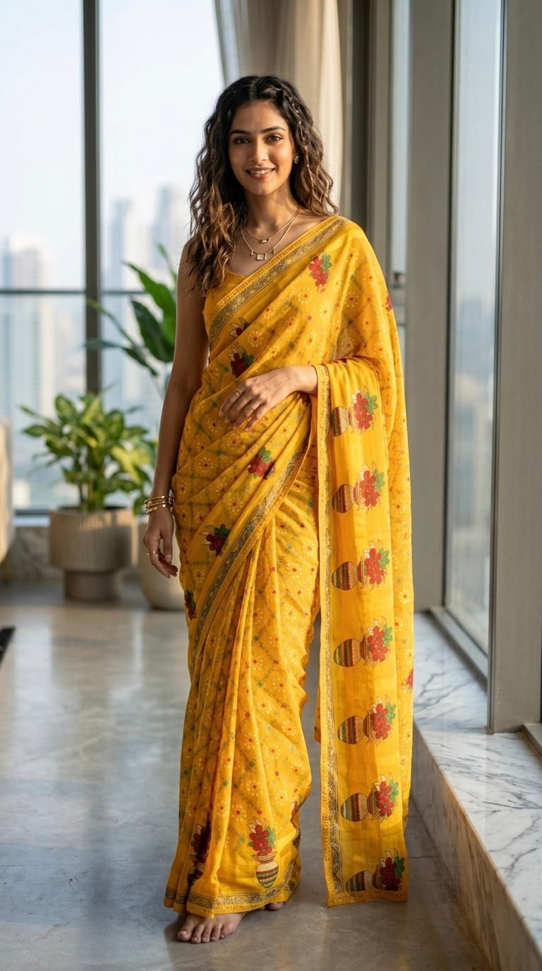 Bandhani-Chiffon Silk (Yellow)