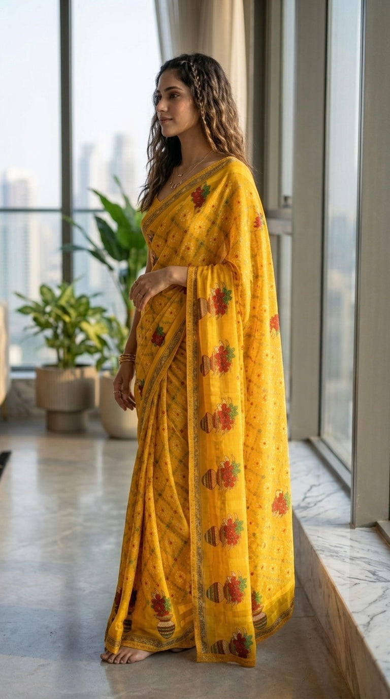 Bandhani-Chiffon Silk (Yellow)