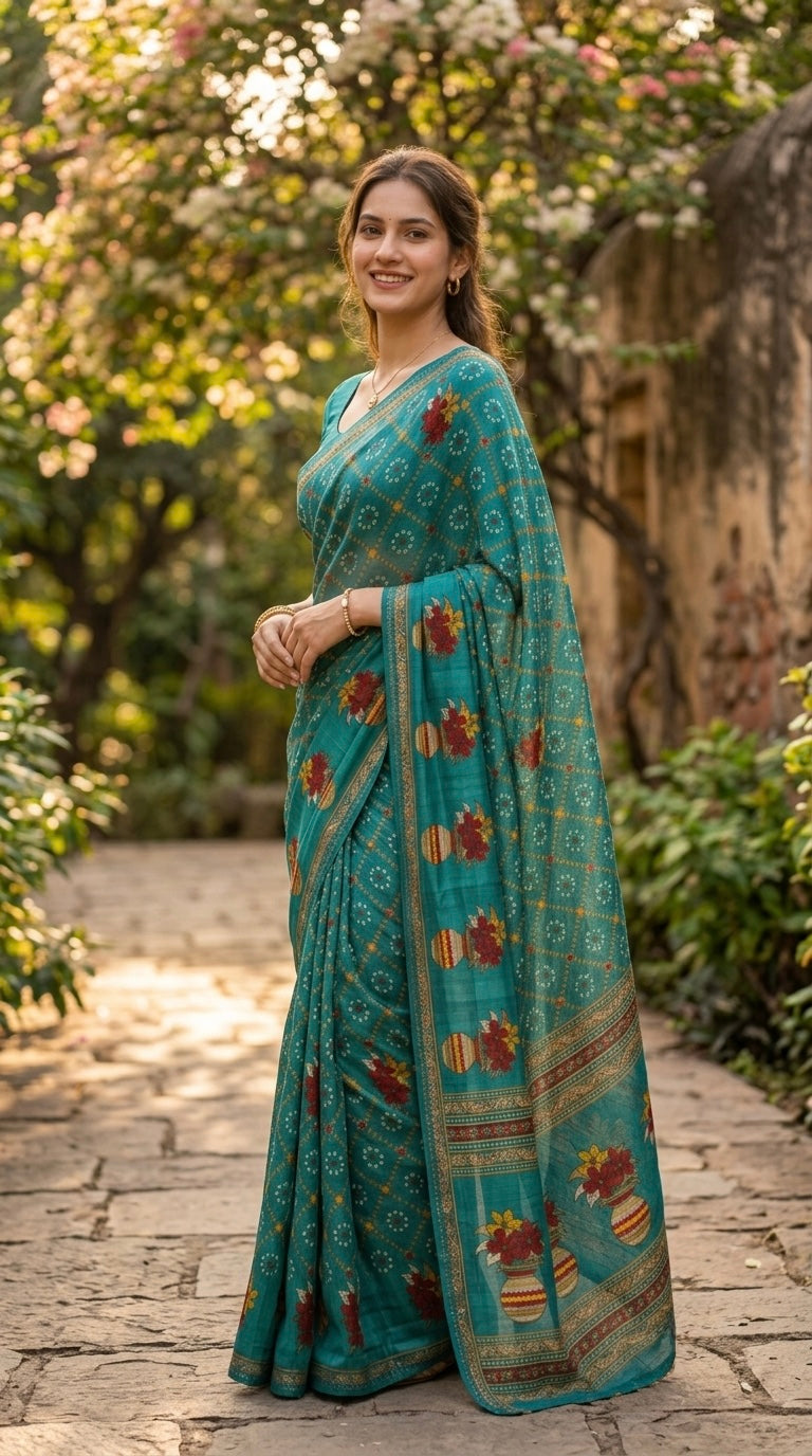 Bandhani-Chiffon Silk (Teal Blue)