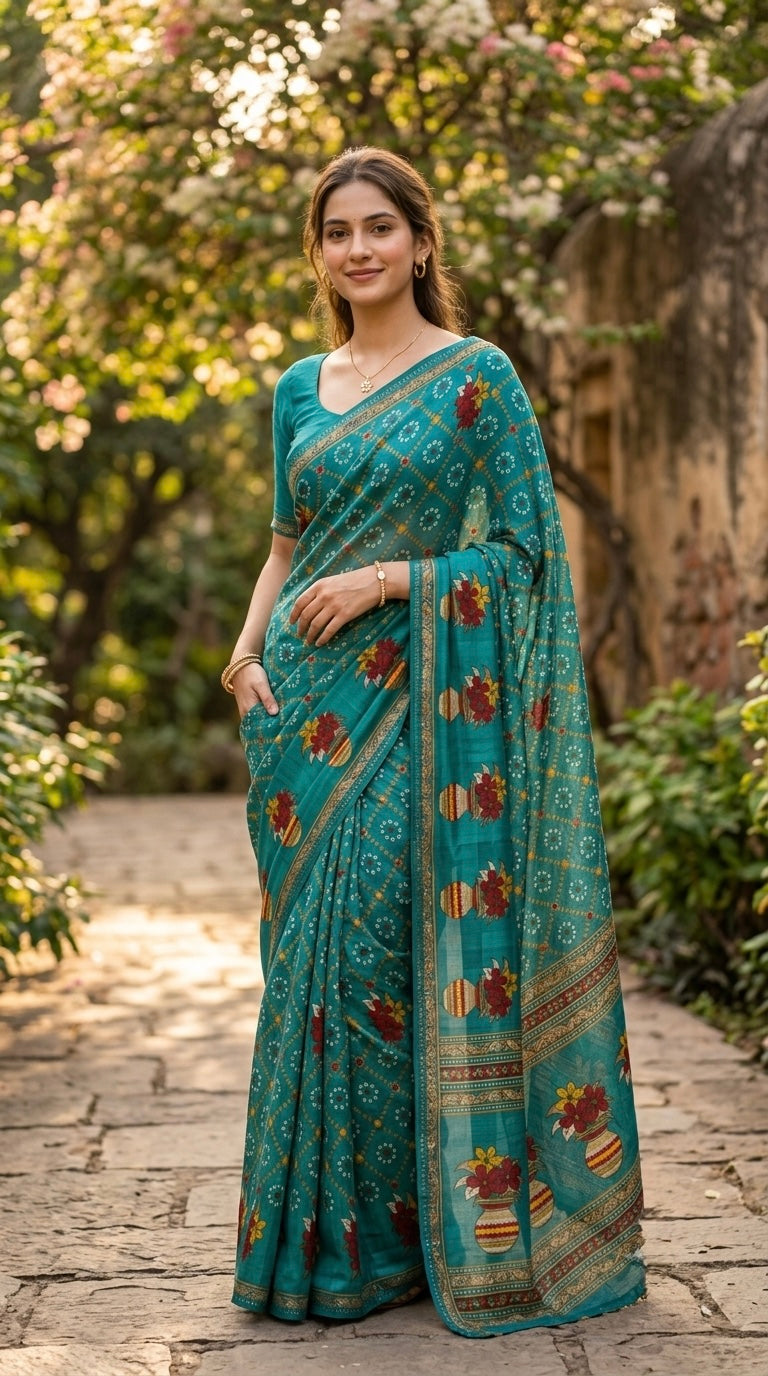 Bandhani-Chiffon Silk (Teal Blue)