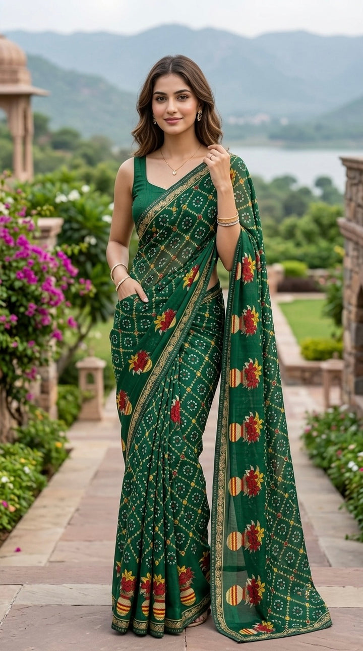 Bandhani-Chiffon Silk (Bottle Green)