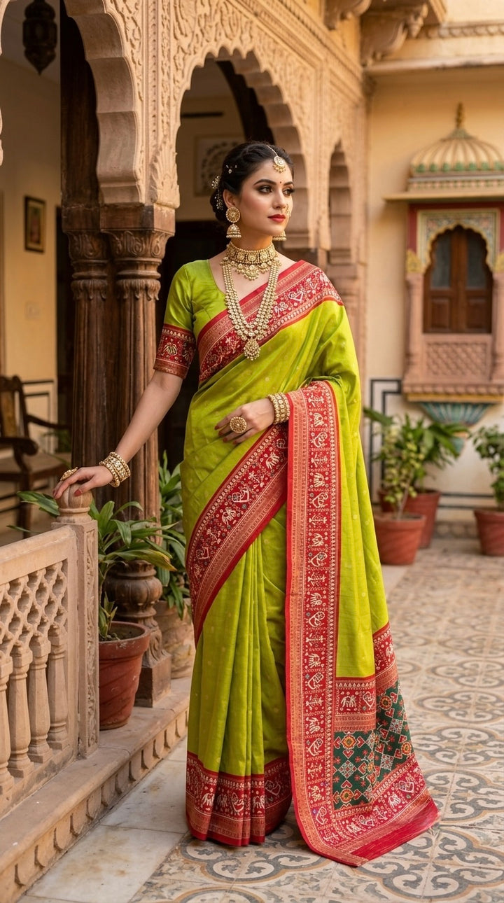 Patola-Dola Silk (Parrot Green & Rich Red)
