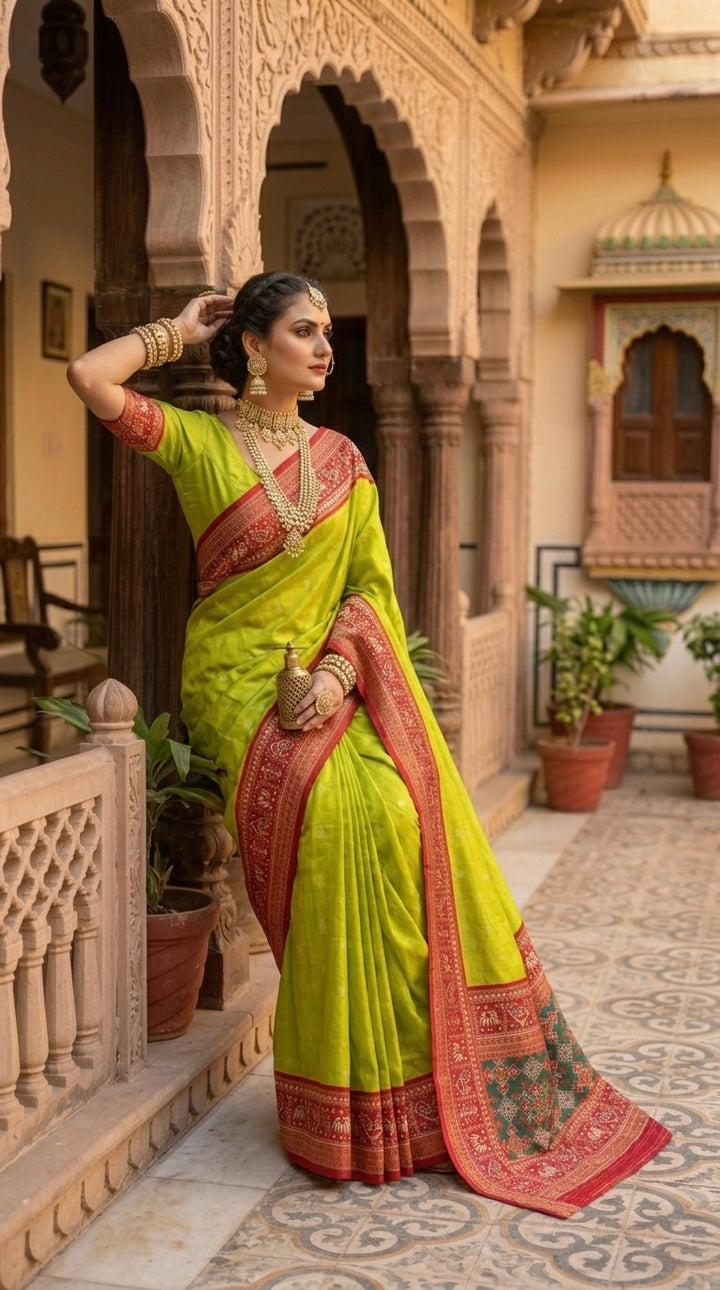 Patola-Dola Silk (Parrot Green & Rich Red)