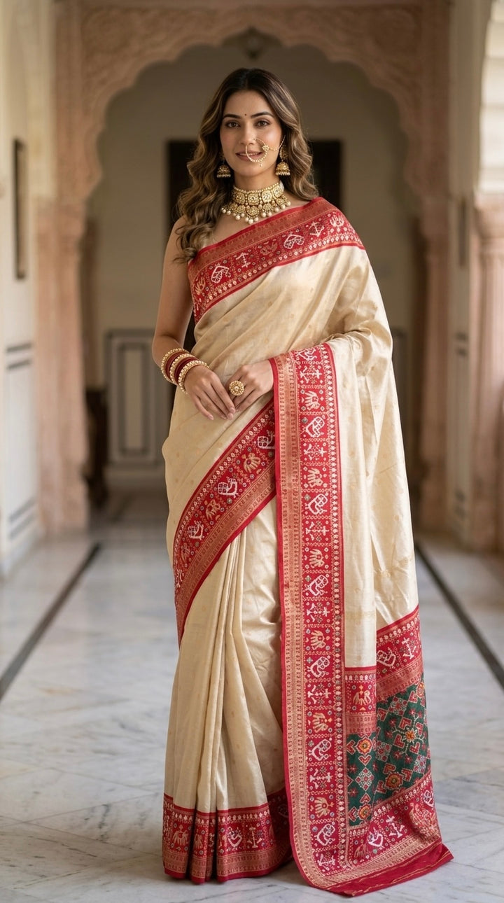 Patola-Dola Silk (Cream & Rich Red)