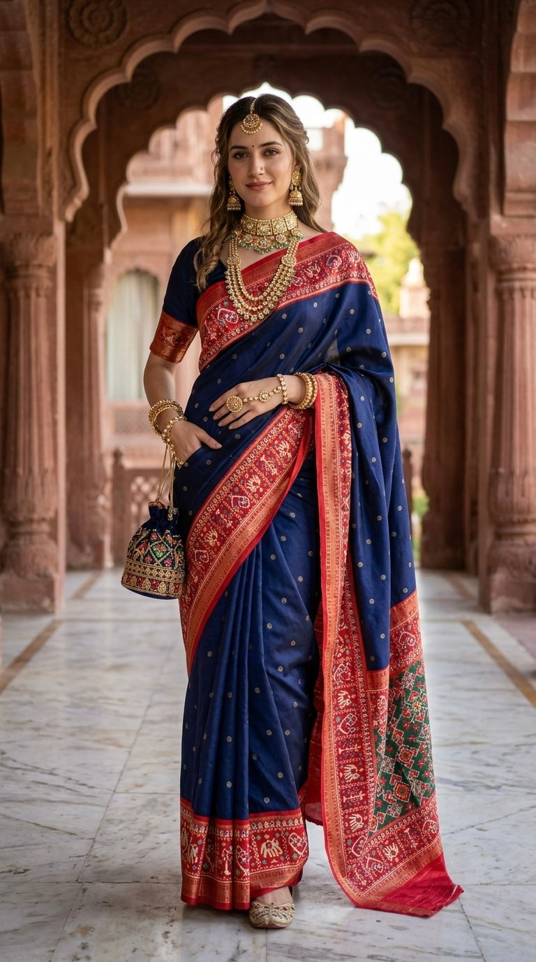 Patola-Dola Silk (Navy Blue & Rich Red)
