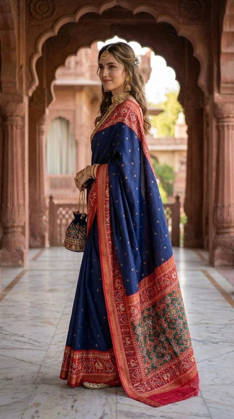 Patola-Dola Silk (Navy Blue & Rich Red)