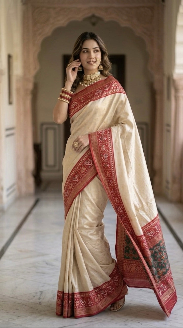 Patola-Dola Silk (Cream & Rich Red)