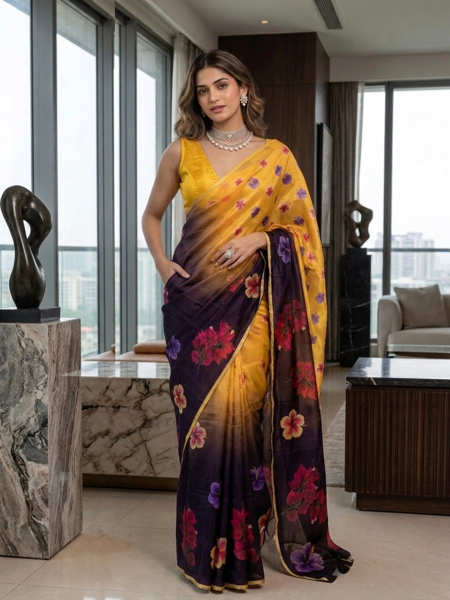 Ramola- Organza (Yellow & Deep Plum)