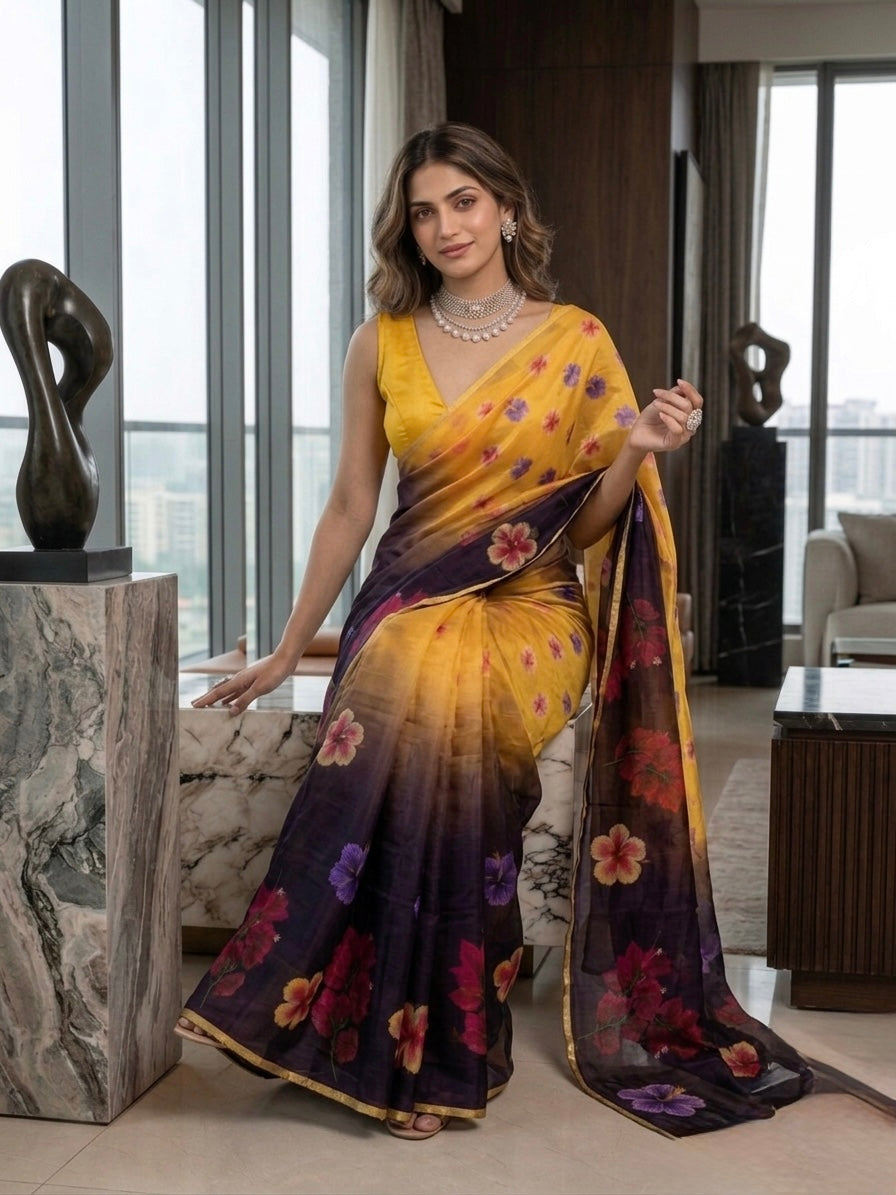 Ramola- Organza (Yellow & Deep Plum)
