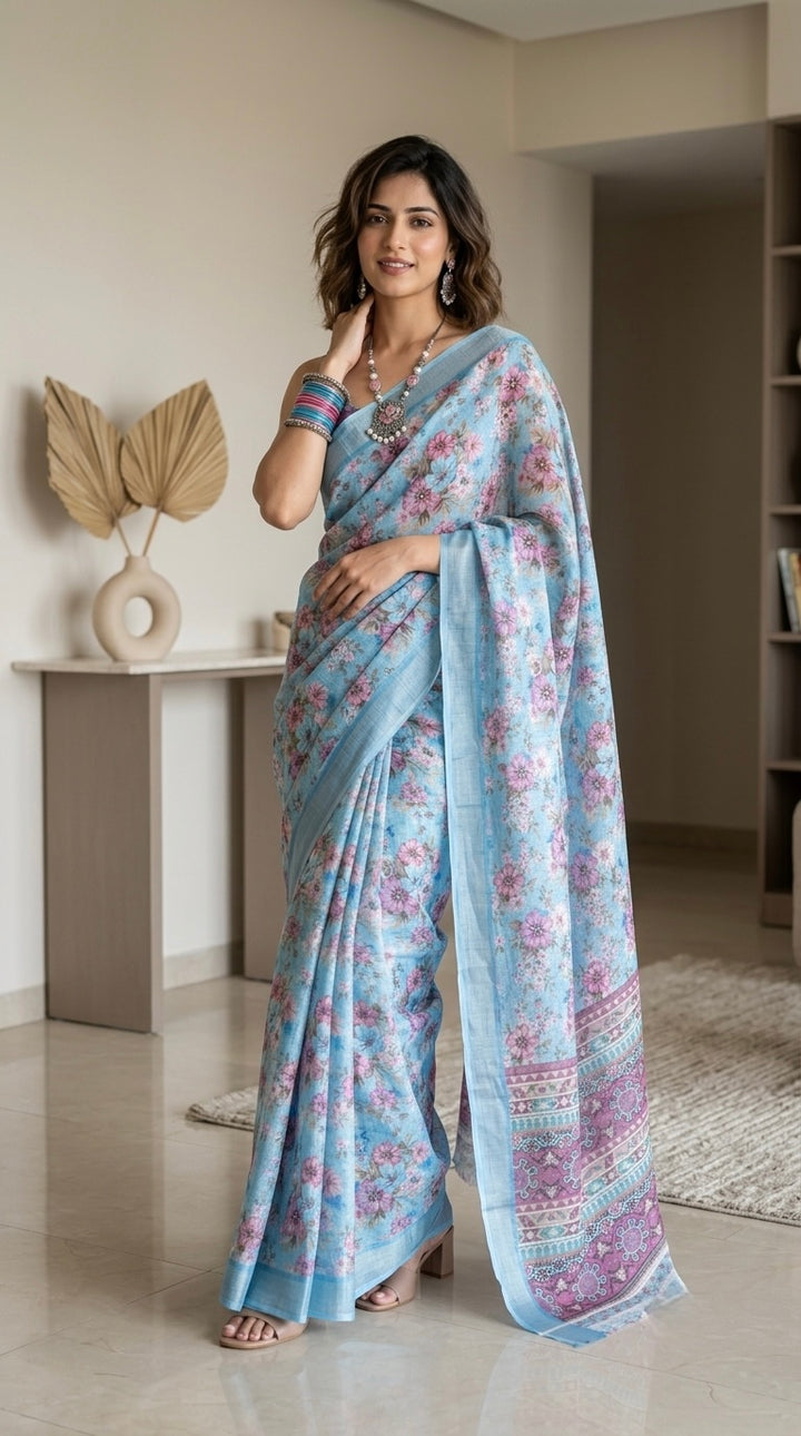 Naira-Pure Cotton (Sky Blue Base & Delicate Pink)