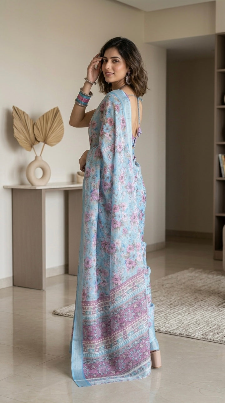 Naira-Pure Cotton (Sky Blue Base & Delicate Pink)