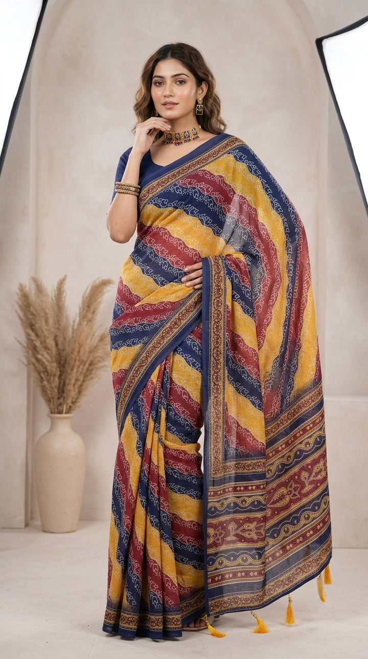 Naira- Pure Cotton (Vibrant Yellow, Maroon & Navy Blue)