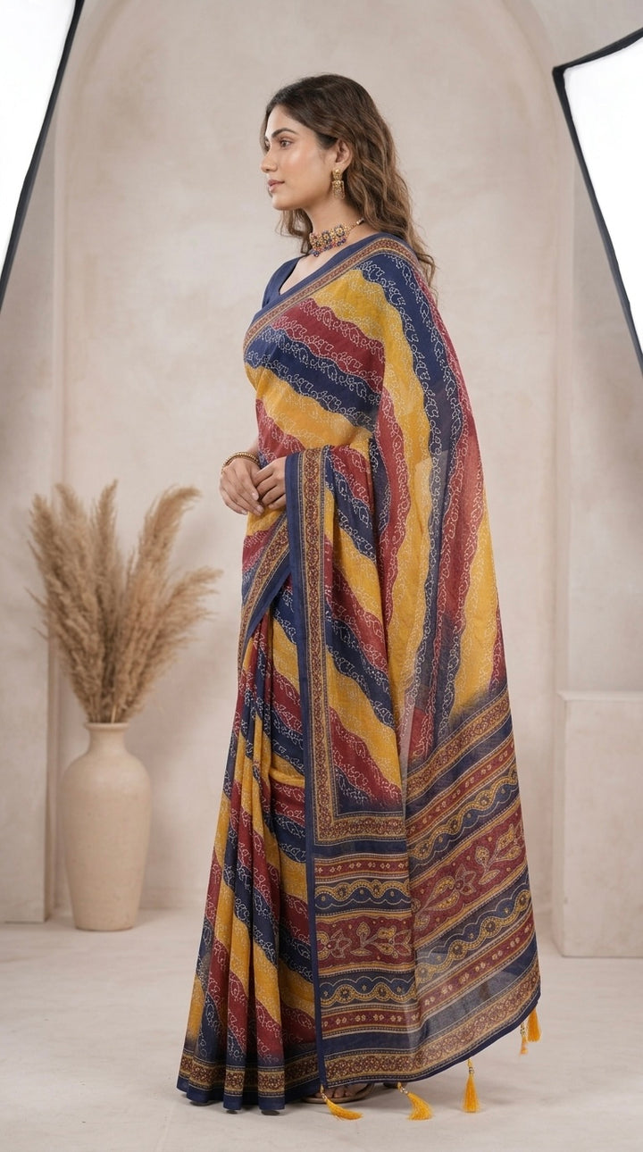 Naira- Pure Cotton (Vibrant Yellow, Maroon & Navy Blue)