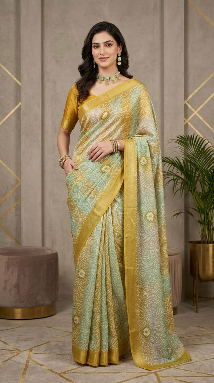 Nivya-Chiffon( Soft Pastel Green & Warm Golden-Yellow )
