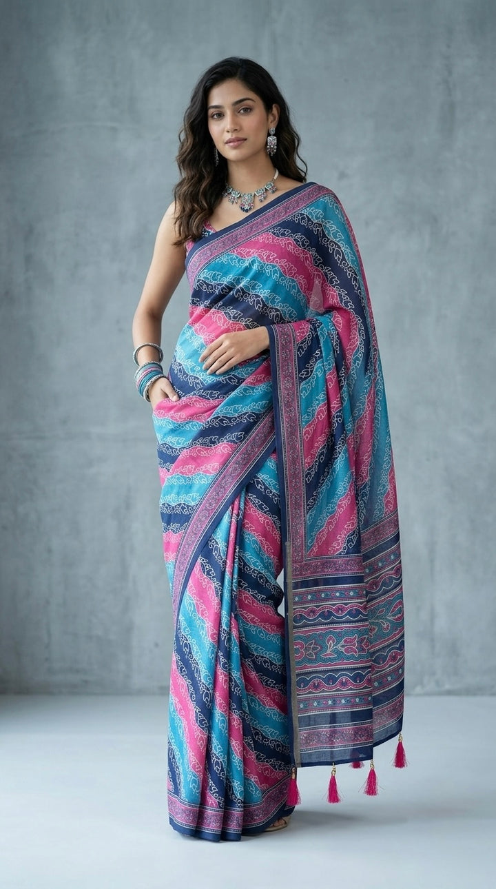 Naira- Pure Cotton (Vibrant Blue & Hot Pink Striped)