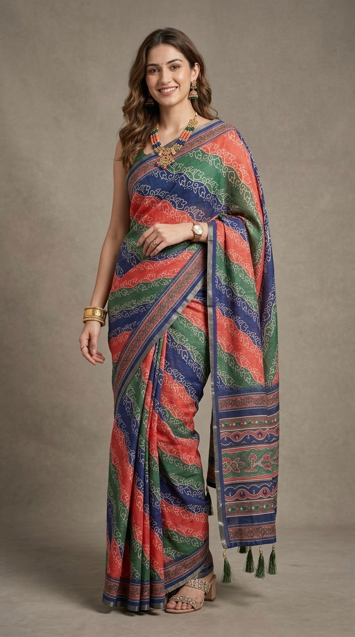 Naira- Pure Cotton( Vibrant Coral, Green & Navy Blue)