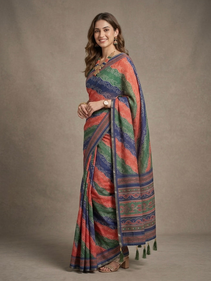 Naira- Pure Cotton( Vibrant Coral, Green & Navy Blue)