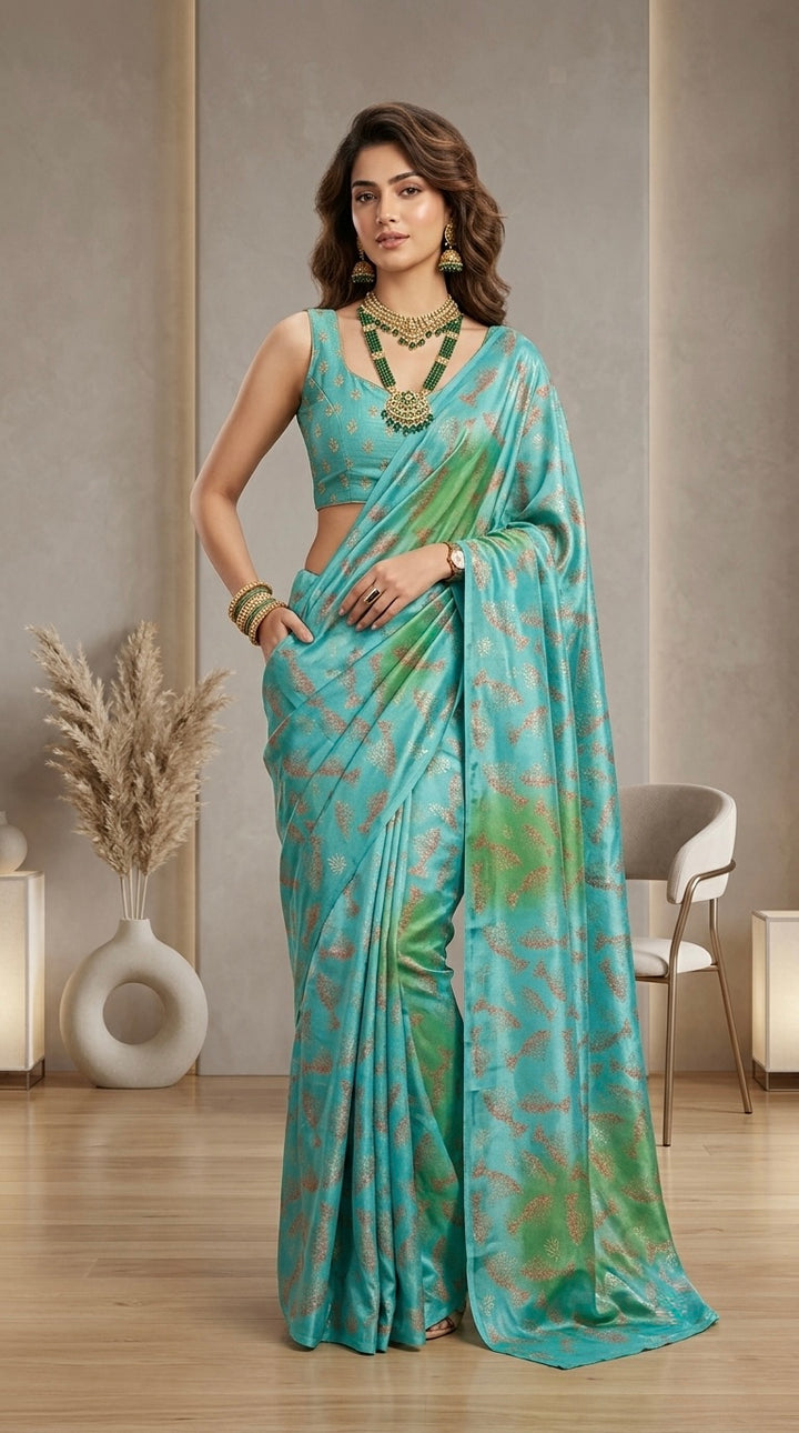 Nivya- Chiffon( Vibrant Turquoise Blue & Soft Green)