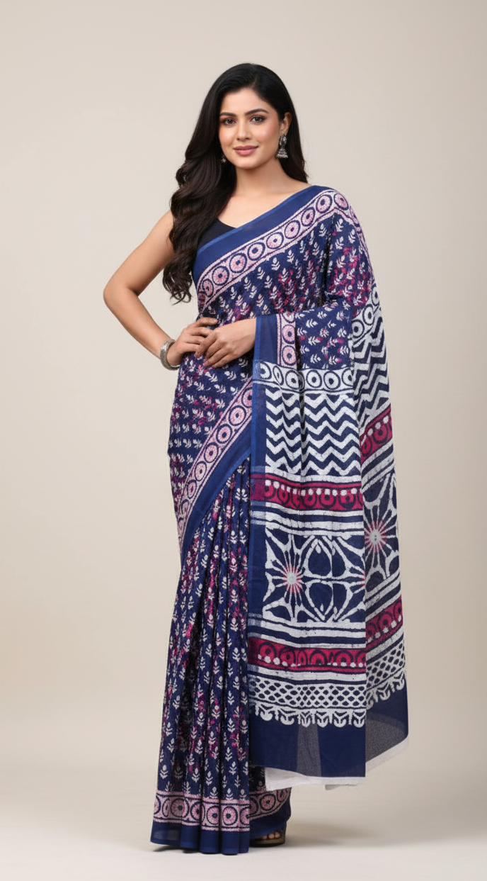 Midnight Blossom – Soft Cotton Mulmul Saree with Floral Vibes and Modern Ease