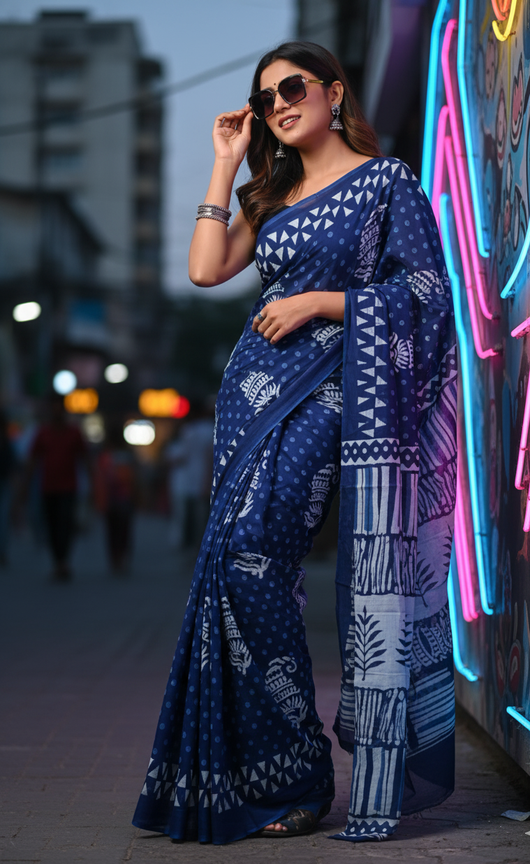 Ocean Breeze Drape – Navy Blue & White Mulmul Symphony