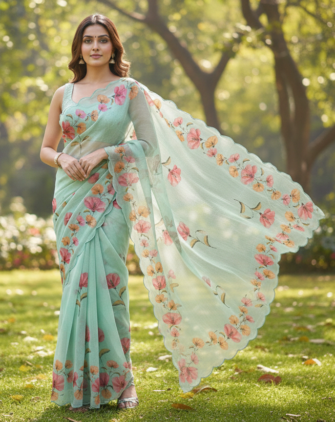 Teal Floral Cotton Saree
