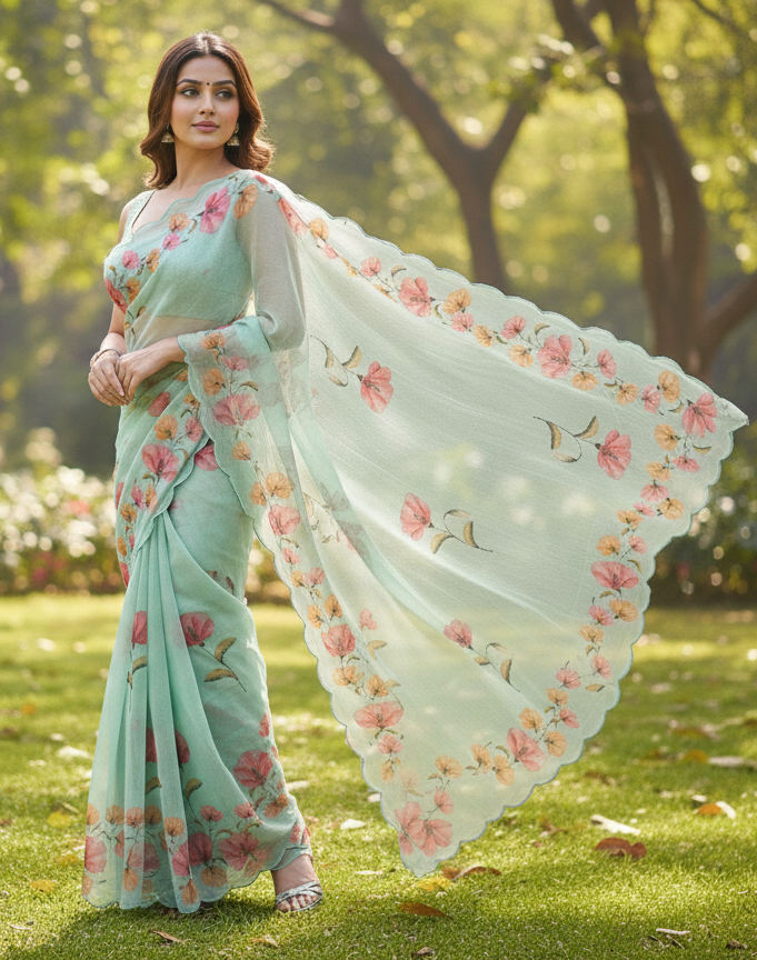Teal Floral Cotton Saree