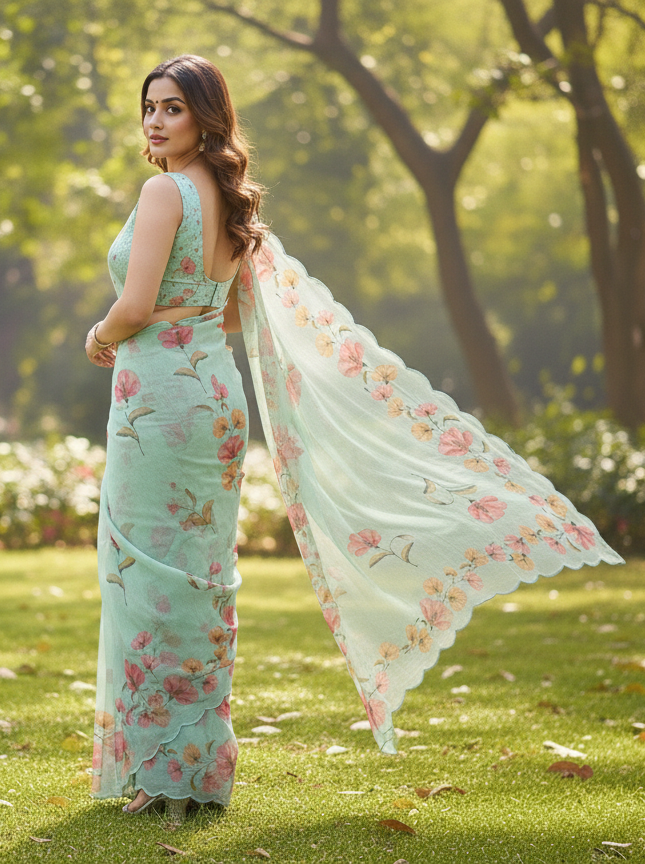 Teal Floral Cotton Saree