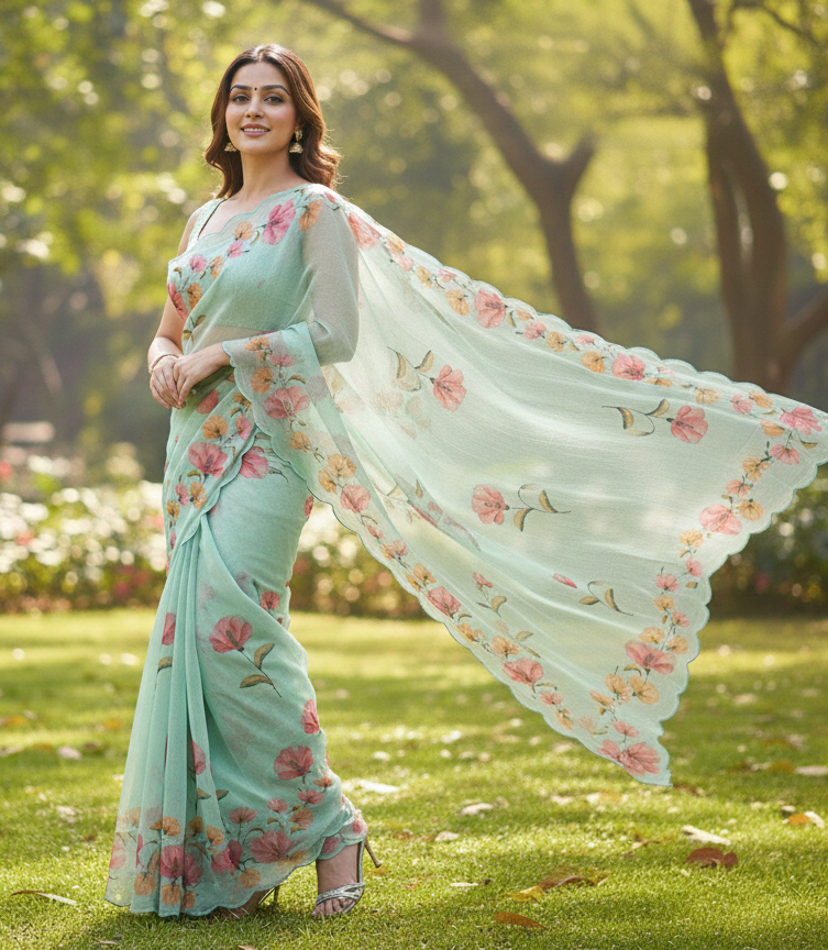 Teal Floral Cotton Saree