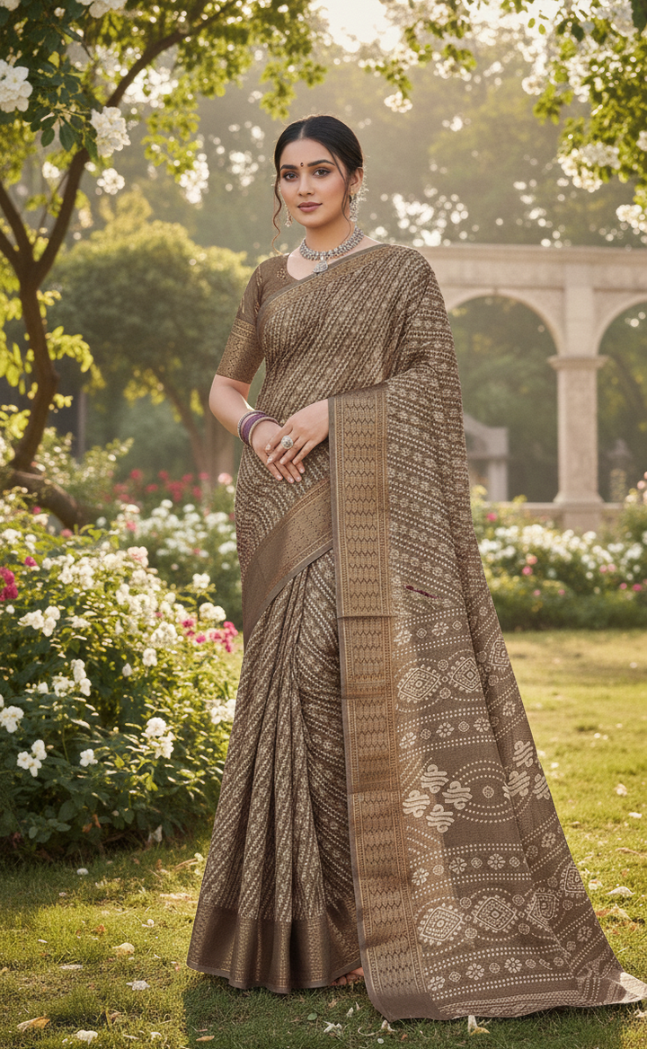 Brown Bandhani Dola Silk Saree