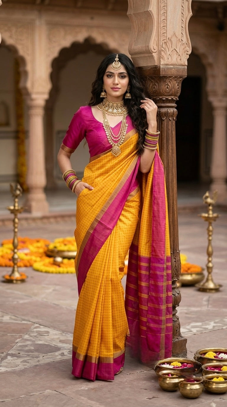 KanMani-South Silk (Mustard Yellow & Pink)