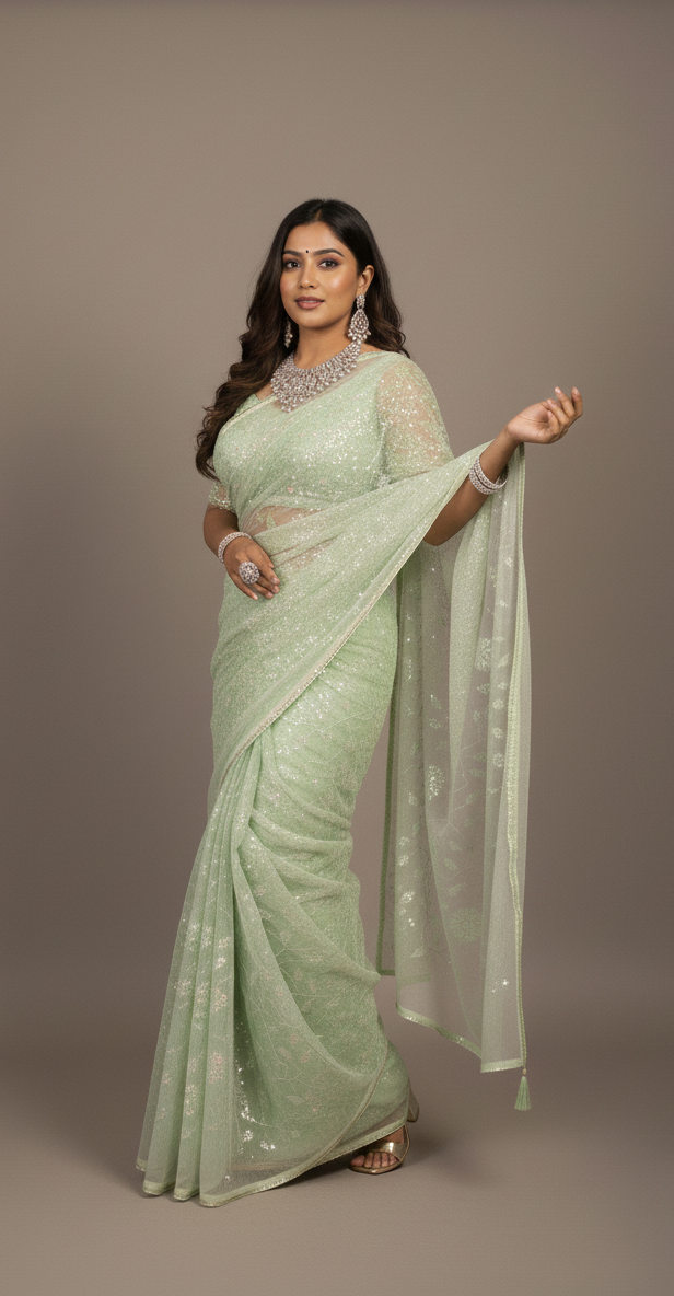 Light Green Sequin Party Wear Saree