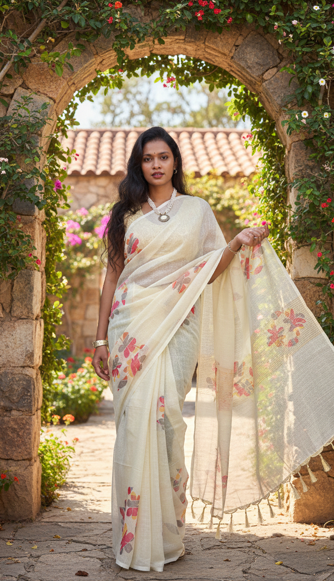 Cream Floral Cotton Saree