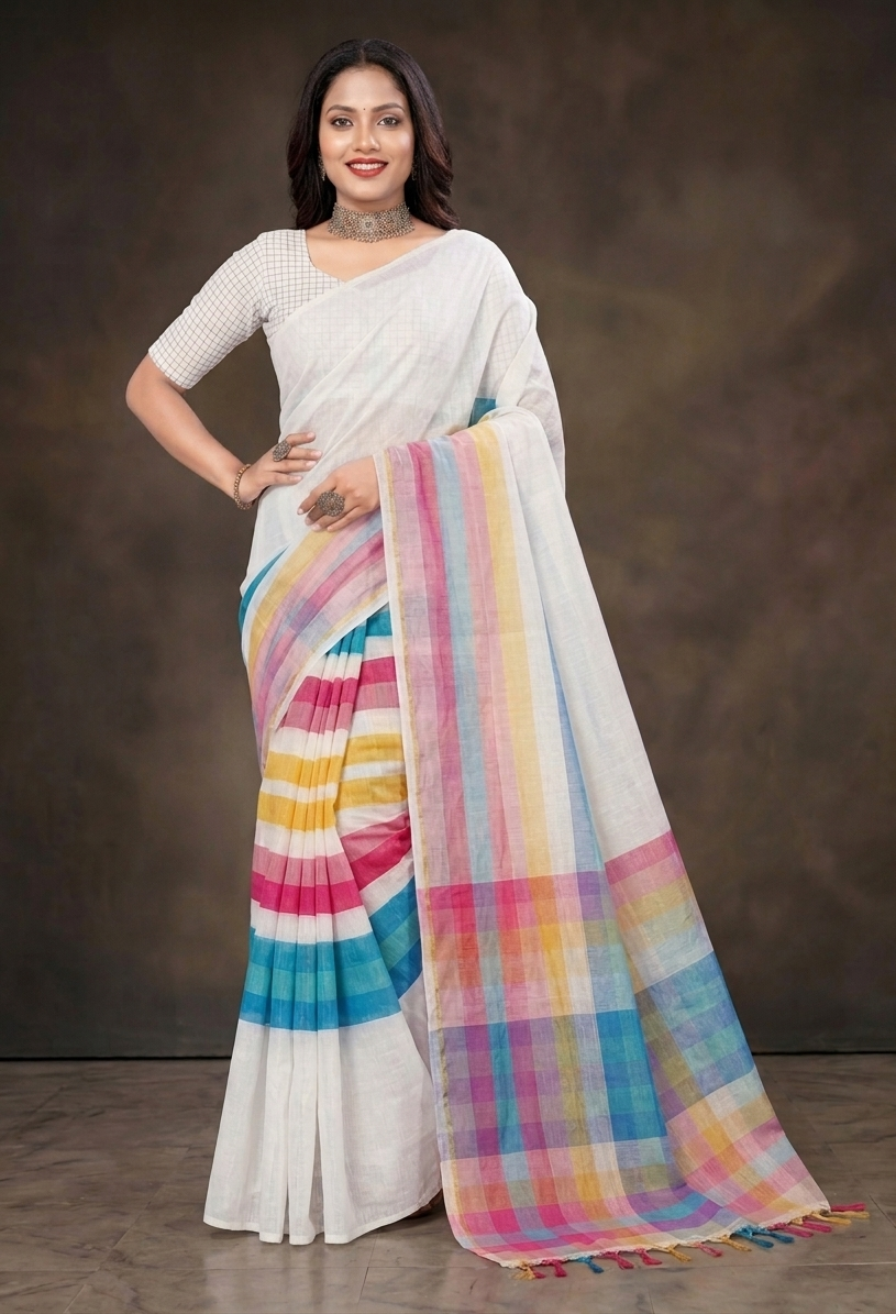 White Rainbow Cotton Saree