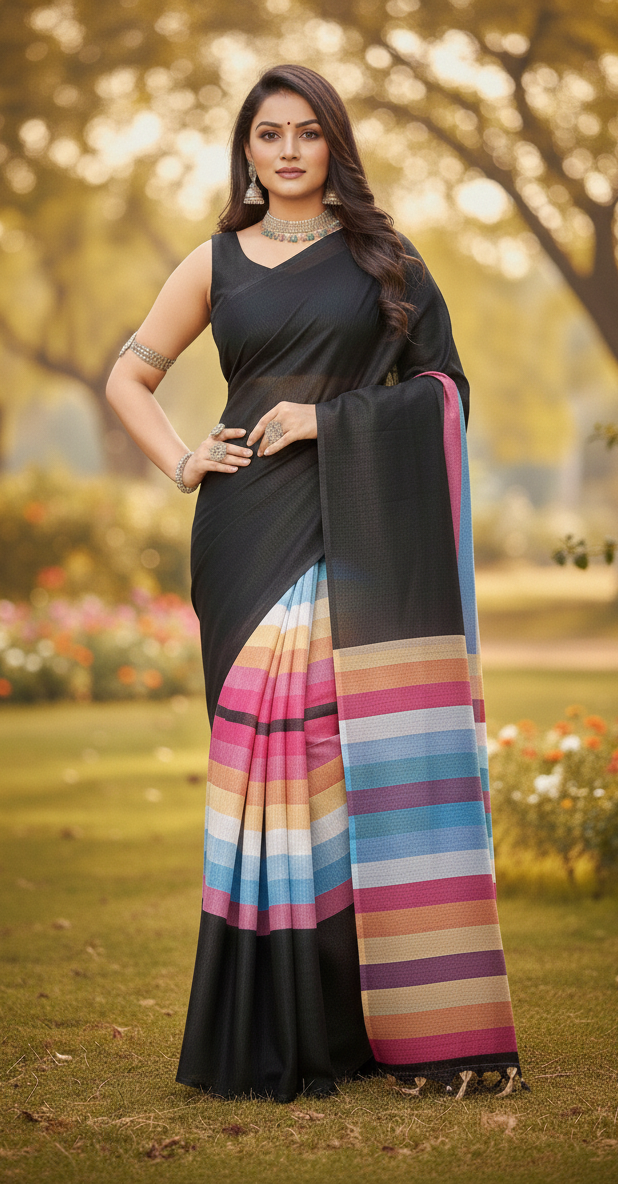 Black Rainbow cotton Saree